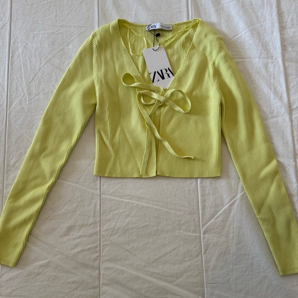Zara Lemon Ribbed Tie-Front Top